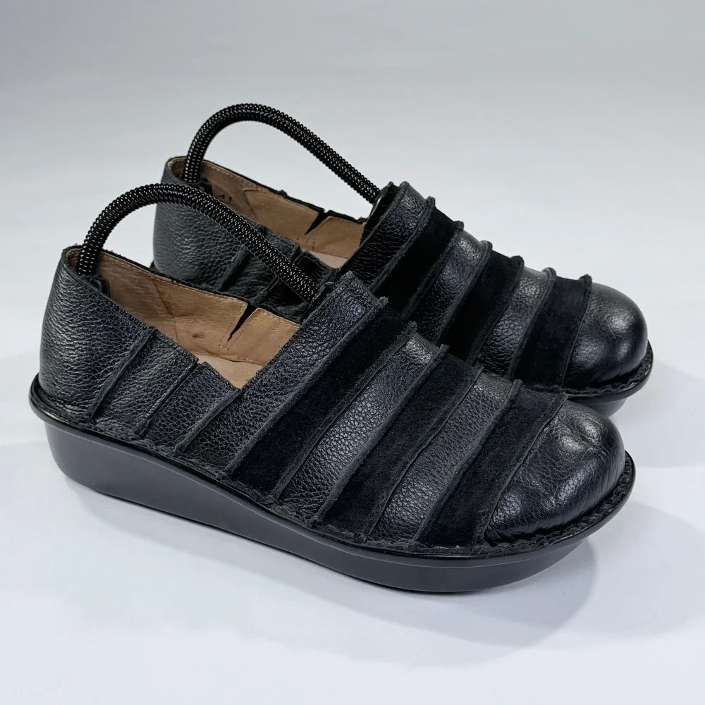 Spring Step Firefly Clog Womens 41/9.5-10 Black Leather Ribbed Slip On Lagenlook